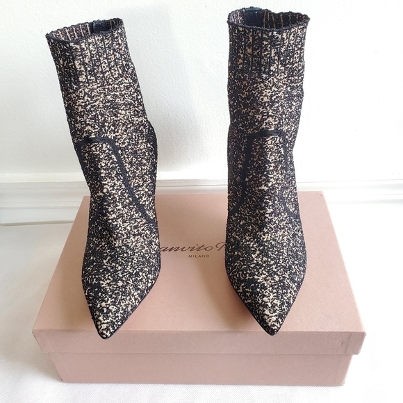 New Gianvito Rossi Fiona Glitter Leather Bouclé-Knit Sock Booties 6 US/36 IT NIB - Picture 11 of 16